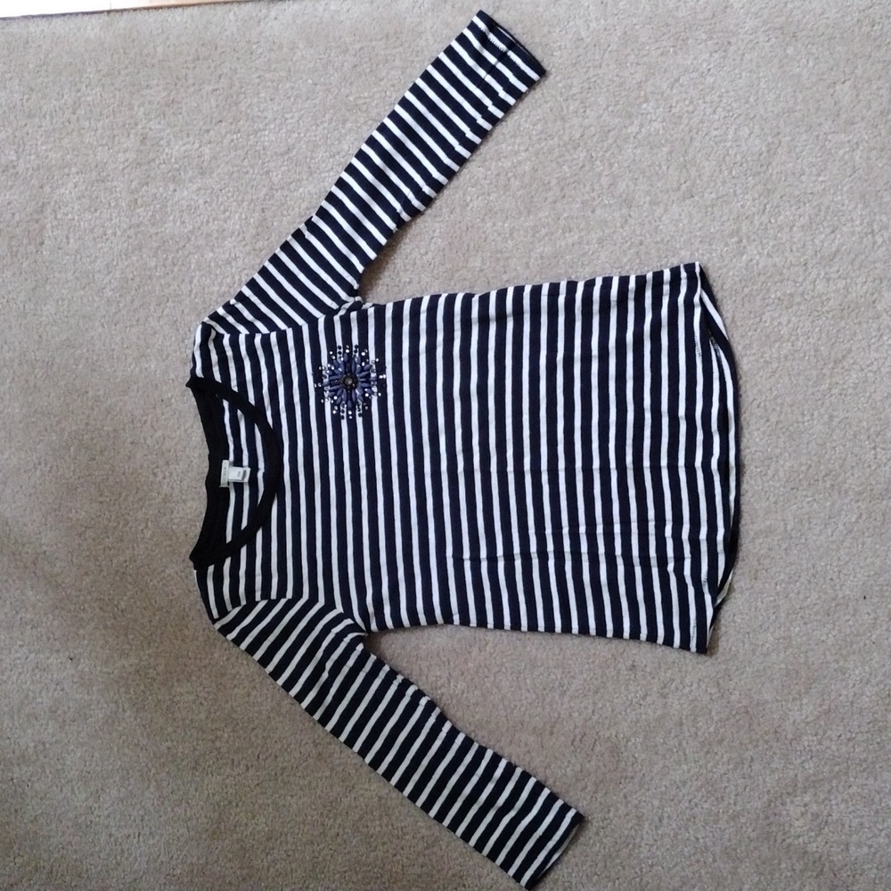 J Crew Embellished White and Navy Stripped Cotton 3/4 Sleeve Tee Women Size XXS